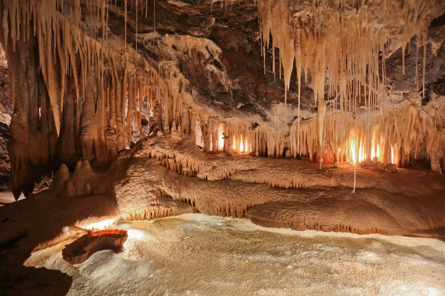 Thin limestone formations of shawls and stalagmites hang from the roof of an illuminated cave at Mole Creek.
