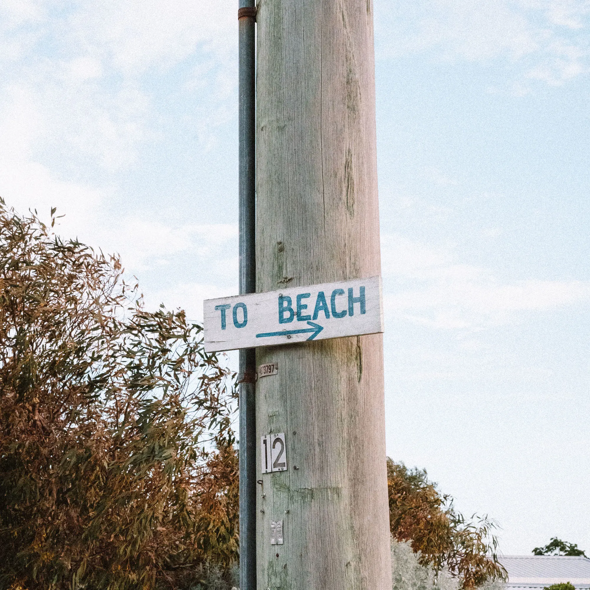 A weathered wooden power pole with a white handpainted sign reading "TO BEACH" points right, surrounded by trees under pale blue sky.