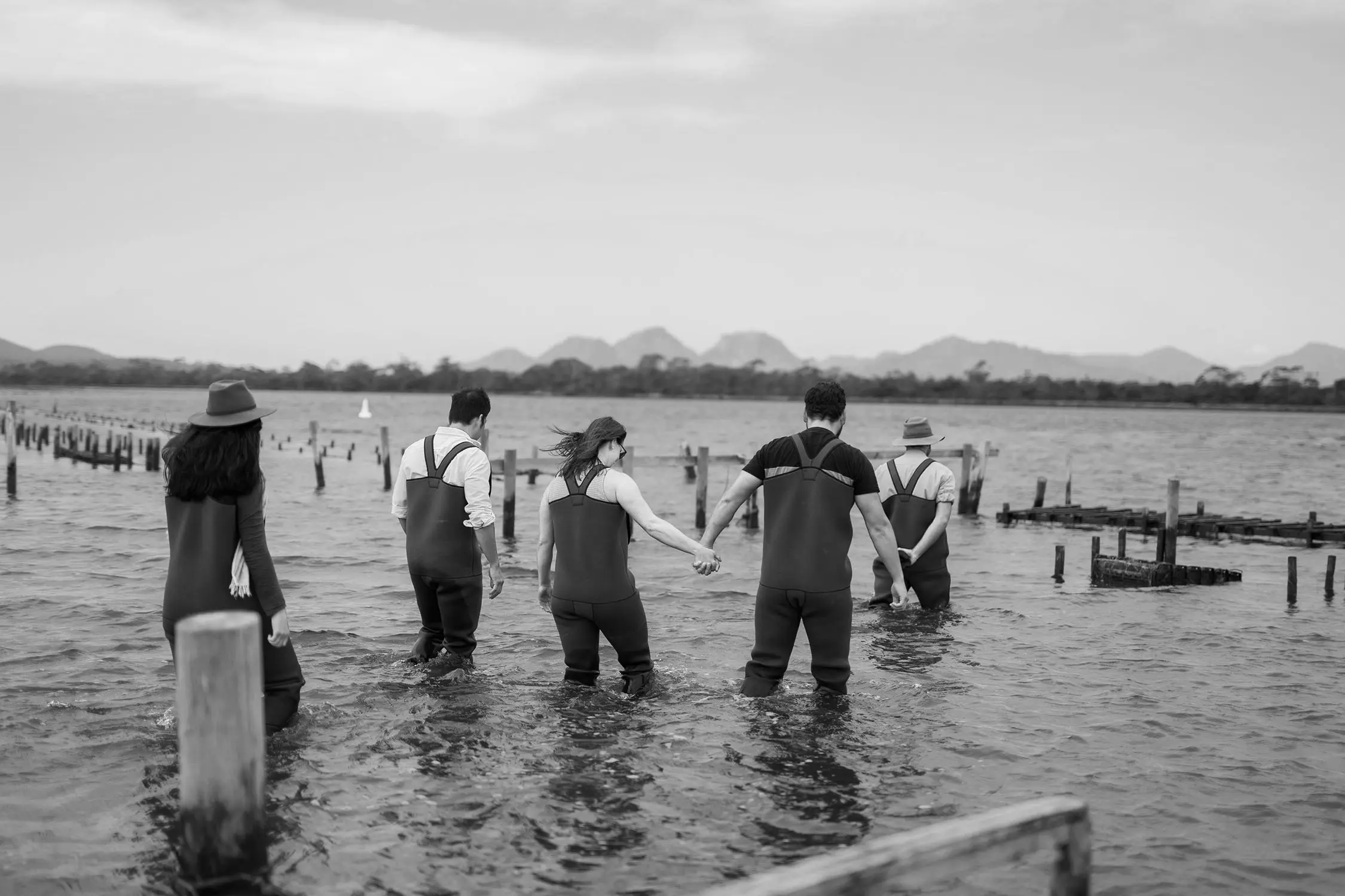 A black and white photograph shows five people wearing waders standing in shallow water. Old wooden pylons extend into the water behind them, with mountains visible across the bay under cloudy skies.