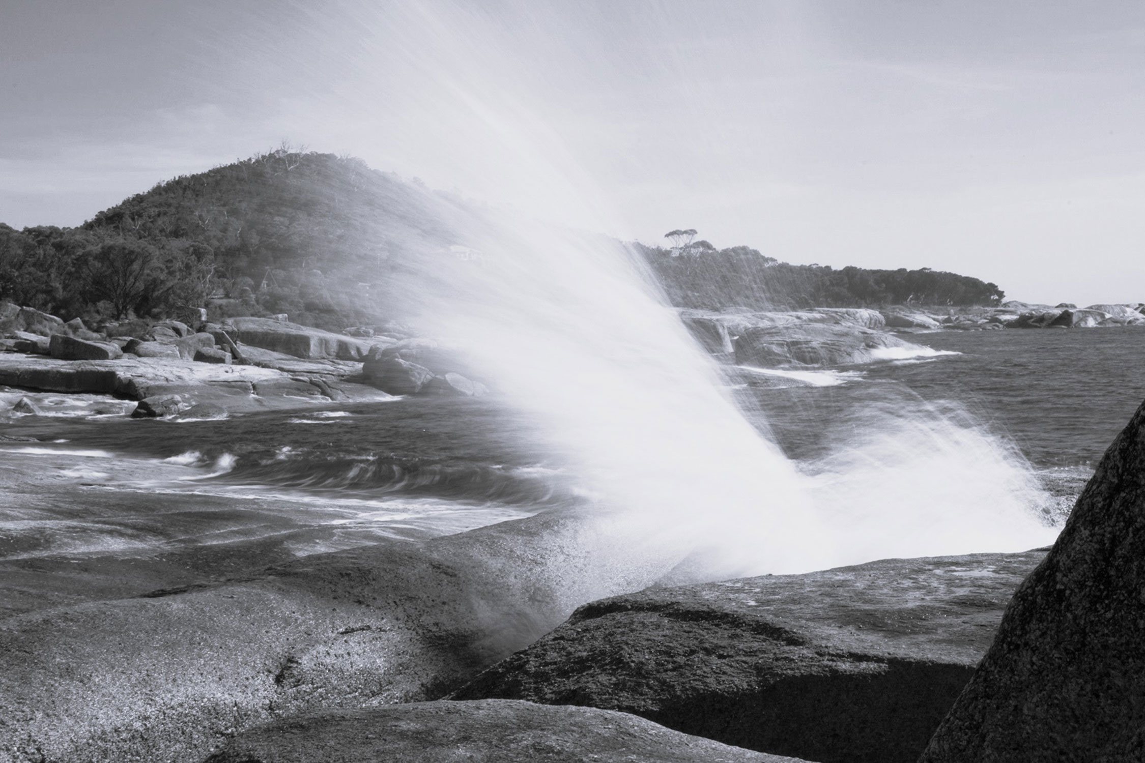 Black and white photo of waves crashing against rocks on the shore with trees and hills in the background. Water splashes dramatically onto the rocks.
